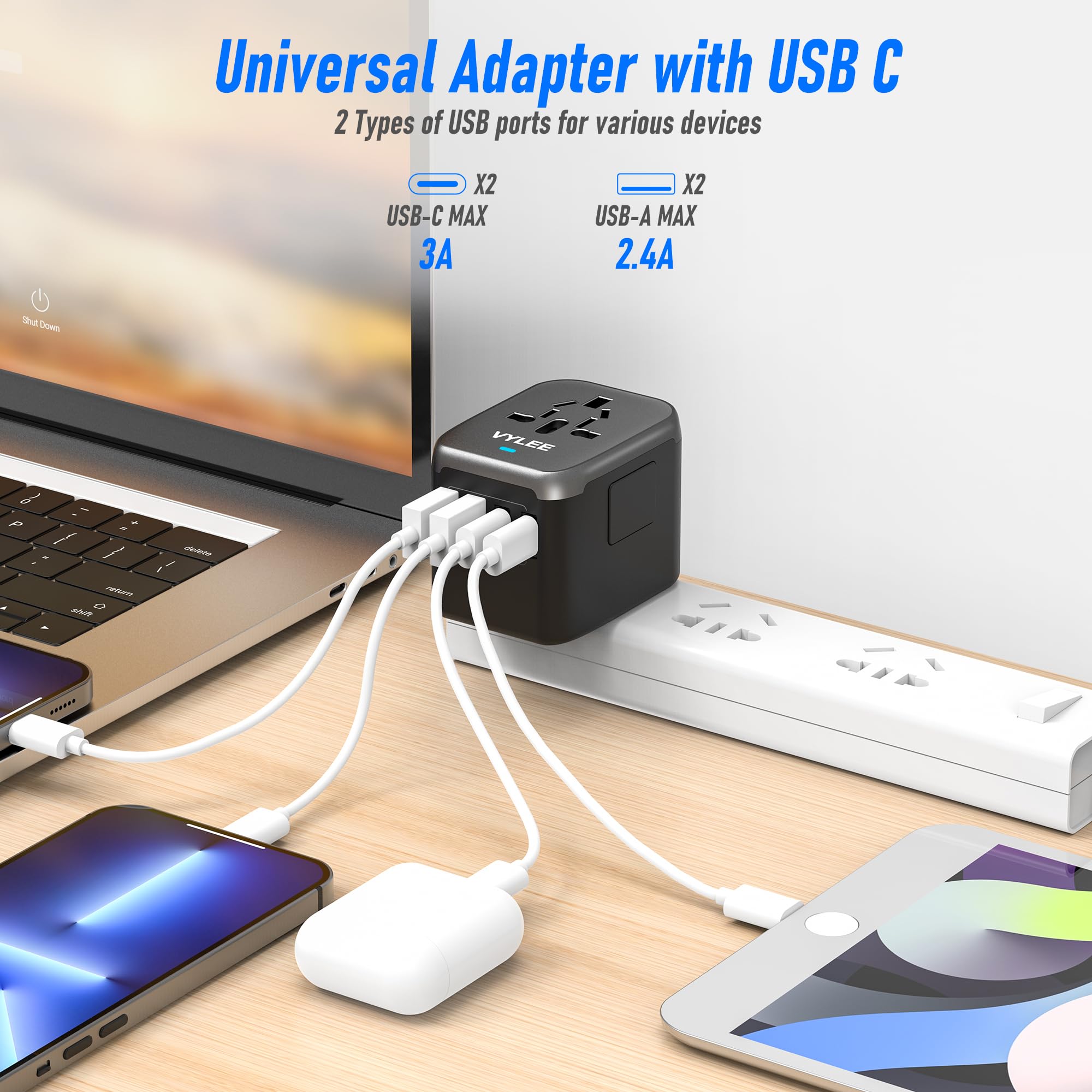 Vylee Universal International Power Travel Plug Adapter, 5 In 1 European Travel Plug Adapter W/ 3.5A 2Xusb A And 2Xusb C Wall Ch